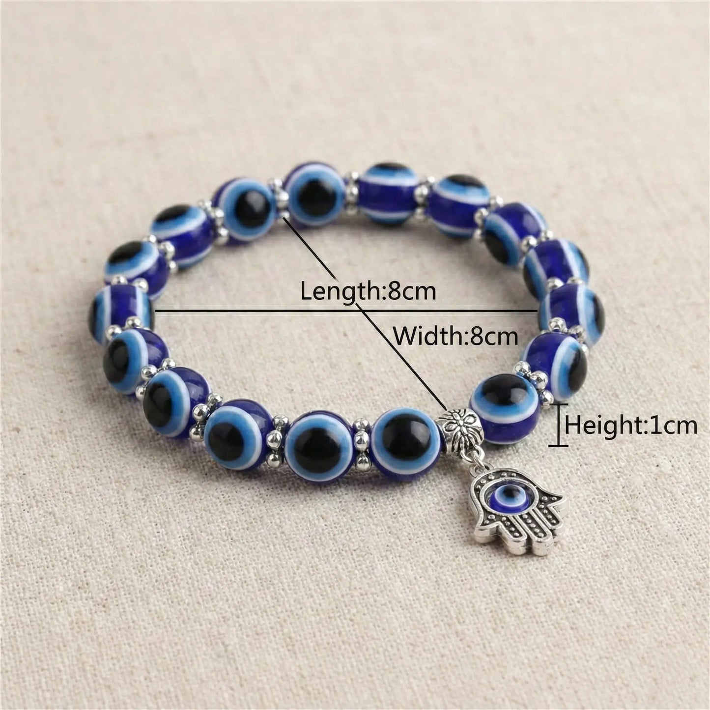 Boho Evil Eye Beaded Bracelet with Hamsa Hand Pendant - 8mm Blue Glass Beads, Stretchable Protection Bracelet for Daily Wear