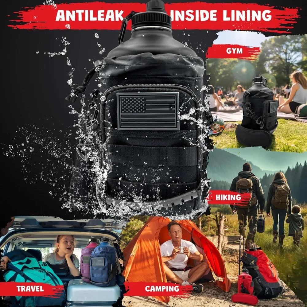 128 oz Water Bottle 1 Gallon Stainless Steel Insulated Jug with Carrier Bag, 3 Lids, Keeps Cold 24h Hot 12h, Black