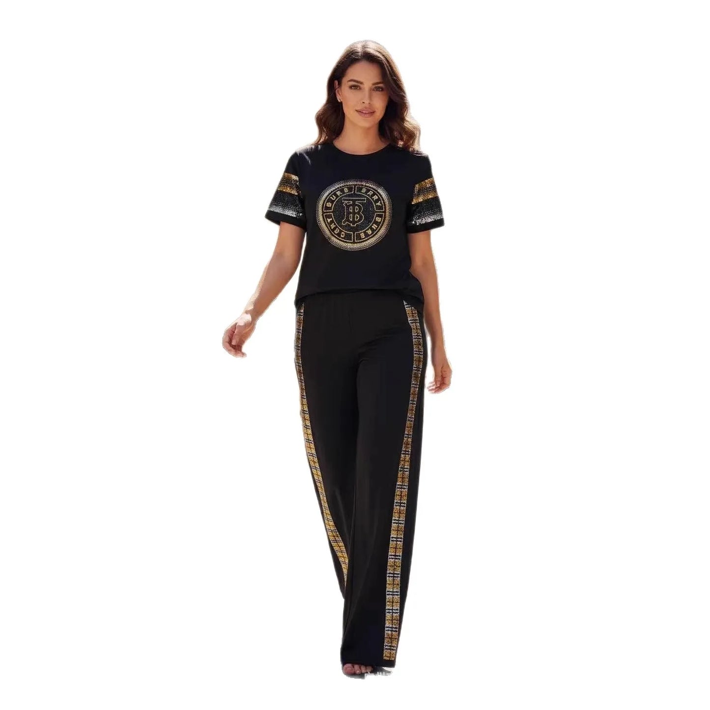 Plus Size Plus Size Women's Fashionable Summer Yoga Sportswear Short Sleeve Diamond Patchwork Street Style Long Pants Cotton ...