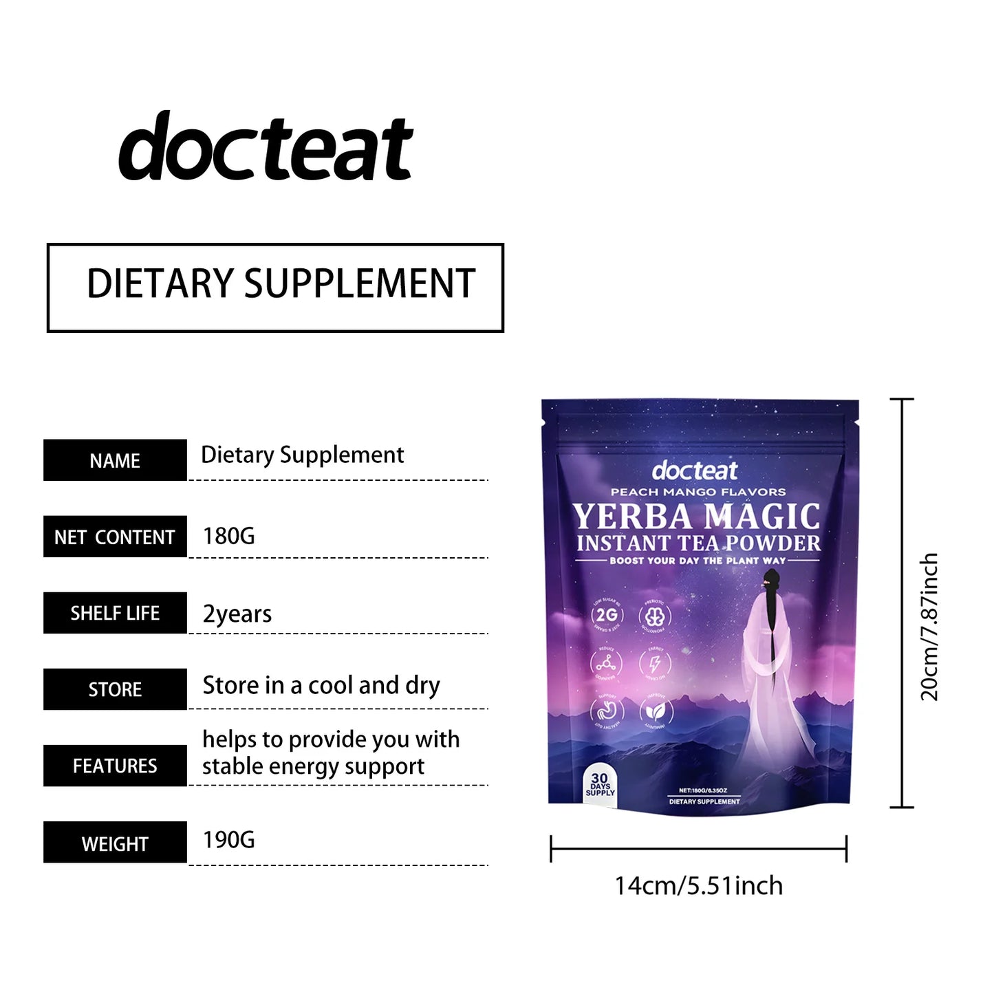 Instant Yerba Mate Powder Brain Digestive Gut Health Support Energy Focus Dietary Supplement