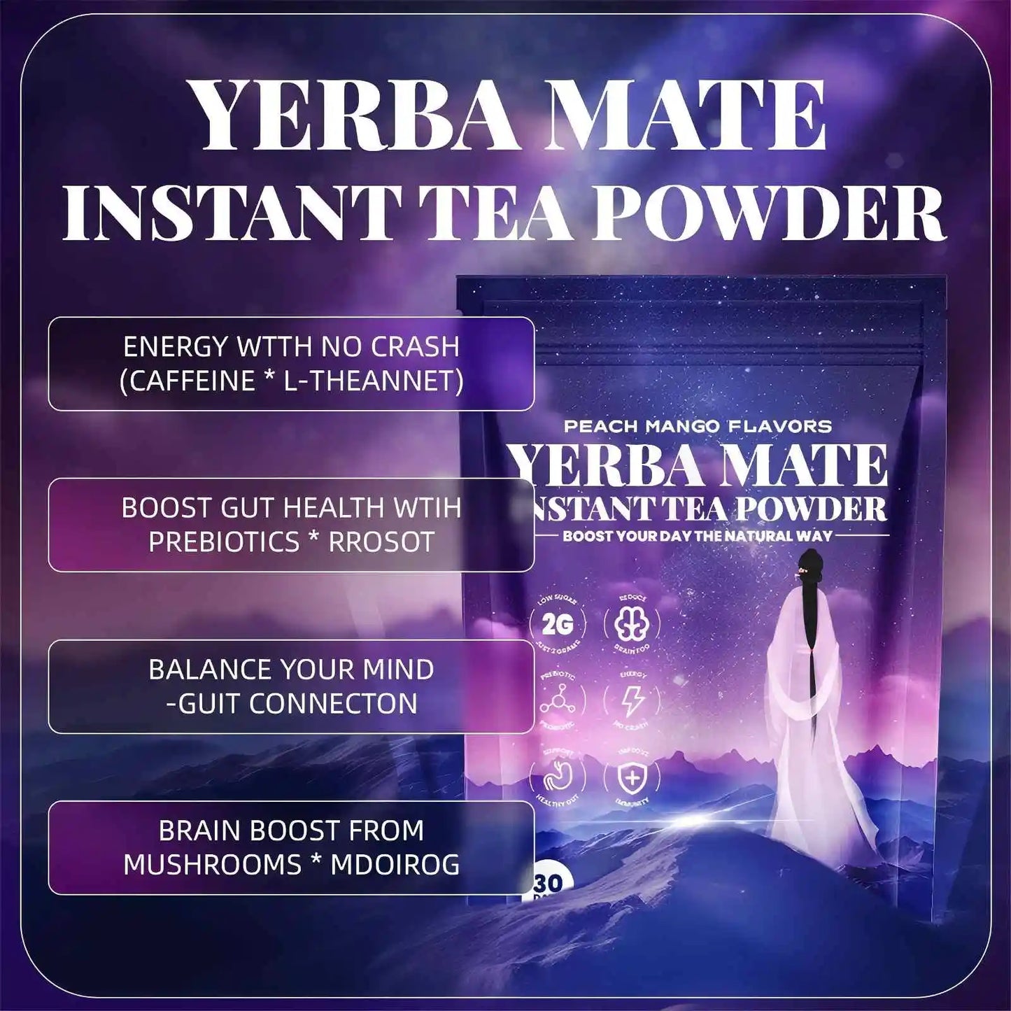 Instant Yerba Mate Powder Brain Digestive Gut Health Support Energy Focus Dietary Supplement