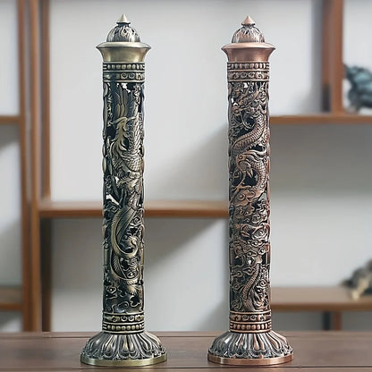 Retro Vertical Incense Burner Buddha Heart Sutra Dragon Phoenix Pillar Metal Incense Stick Home Office