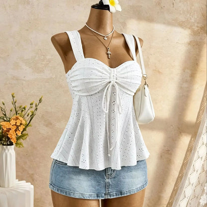 Women White Eyelet Lace Cami Top Casual Ruched Tie Front Peplum Camisole Top