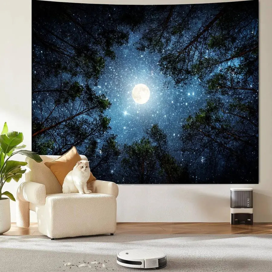 Large Galaxy Forest Tapestry for Bedroom Ceiling, Big Space Night Starry Sky Blue Tapestry Aesthetic.