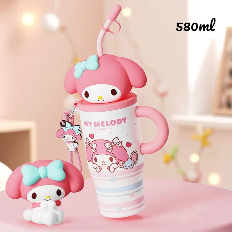X&W 580ML Sanrio Series Thermos 316 Stainless Steel Doll Head Design Straw Insulated Cup Hello Kitty Kuromi Water Bottle Cutecup