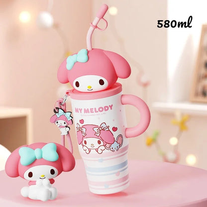 X&W 580ML Sanrio Series Thermos 316 Stainless Steel Doll Head Design Straw Insulated Cup Hello Kitty Kuromi Water Bottle Cutecup
