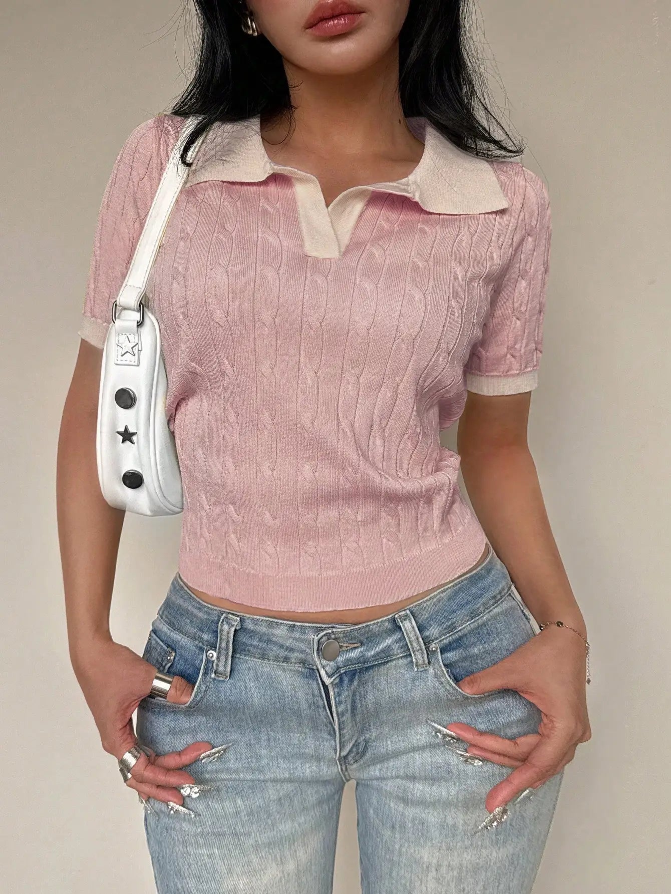 Women's Casual Short Sleeve Polo Collar Cable Knit Top Solid Green Summer