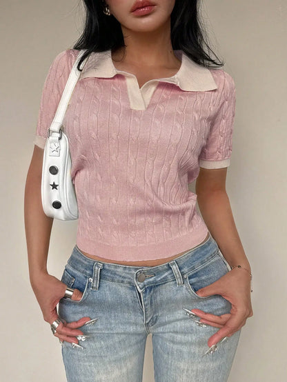 Women's Casual Short Sleeve Polo Collar Cable Knit Top Solid Green Summer