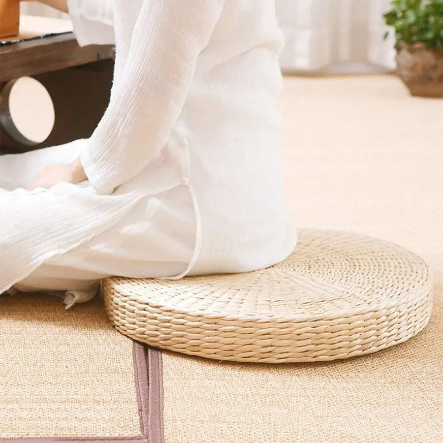 2 Pack Tatami Floor Pillow Sitting Cushion Bigger Size,Round Padded Room Floor Straw Mat for Outdoor Seat Dia 19.7
