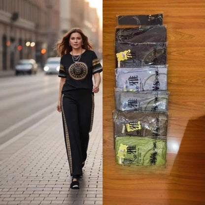 Plus Size Plus Size Women's Fashionable Summer Yoga Sportswear Short Sleeve Diamond Patchwork Street Style Long Pants Cotton ...