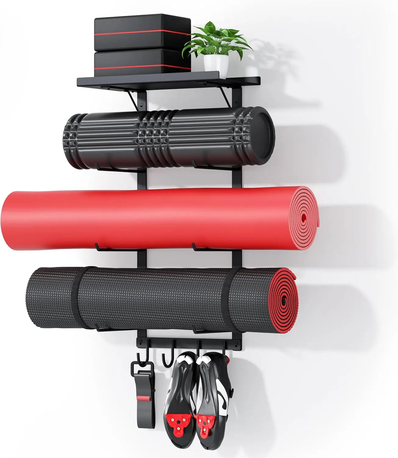 Wall Mount Yoga Mat Holder with Floating Shelf and Hooks for Gym Equipment Storage