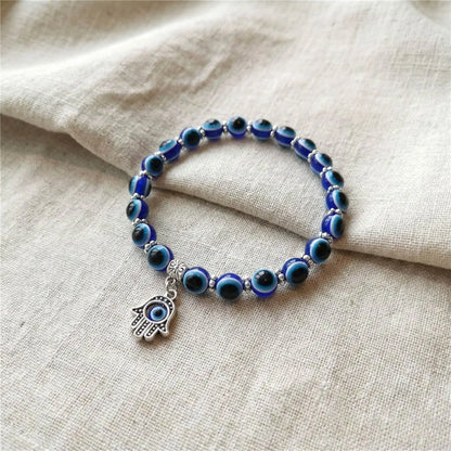 Boho Evil Eye Beaded Bracelet with Hamsa Hand Pendant - 8mm Blue Glass Beads, Stretchable Protection Bracelet for Daily Wear
