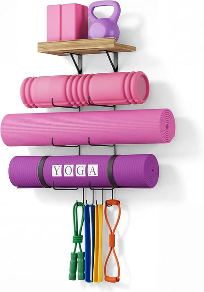 Wall Mount Yoga Mat Holder with Wood Shelves and 4 Hooks for Home Gym Storage in Carbonized Black