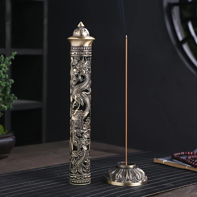 Retro Vertical Incense Burner Buddha Heart Sutra Dragon Phoenix Pillar Metal Incense Stick Home Office