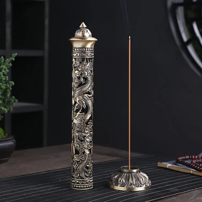 Retro Vertical Incense Burner Buddha Heart Sutra Dragon Phoenix Pillar Metal Incense Stick Home Office