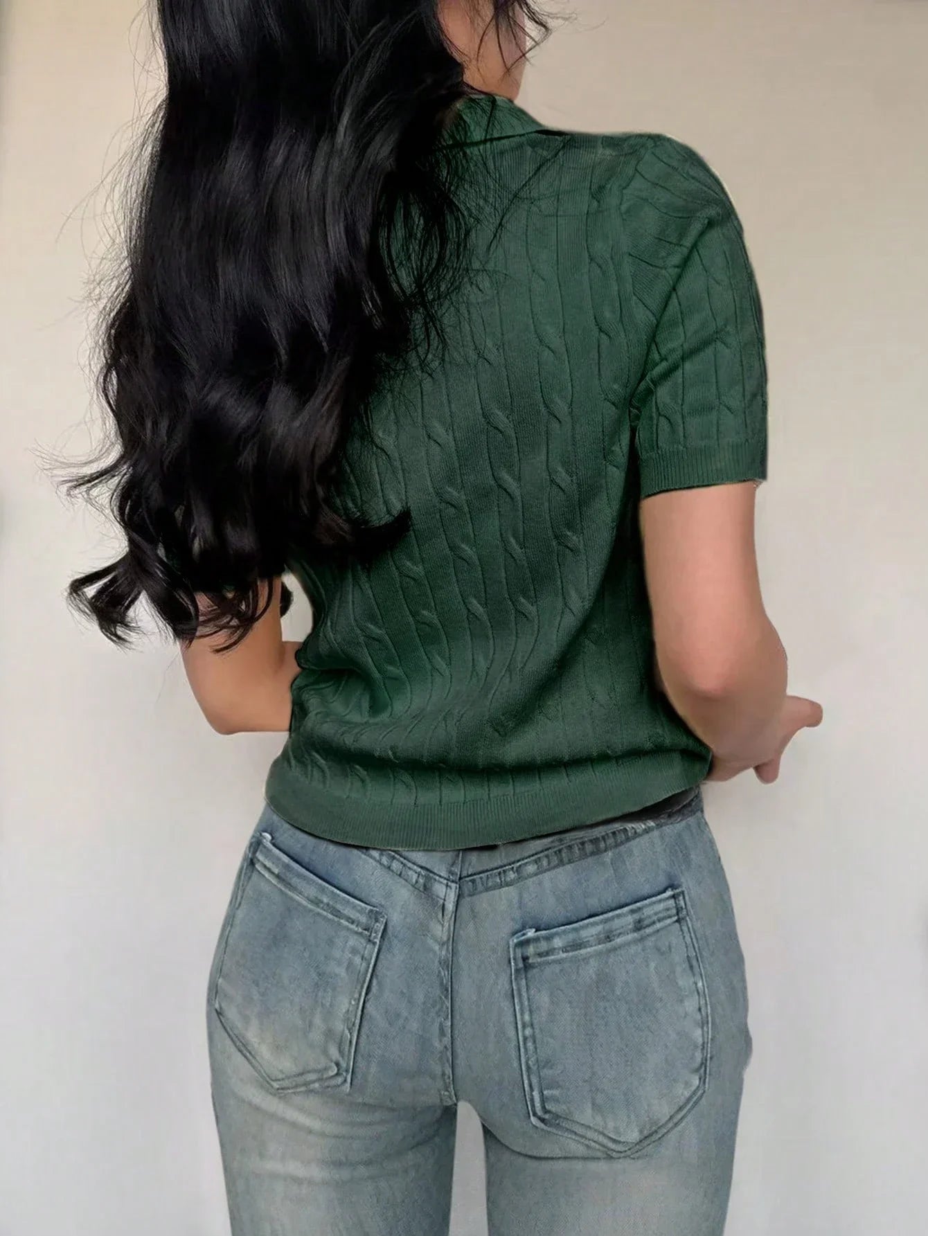 Women's Casual Short Sleeve Polo Collar Cable Knit Top Solid Green Summer