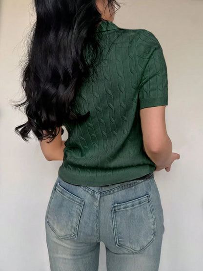 Women's Casual Short Sleeve Polo Collar Cable Knit Top Solid Green Summer