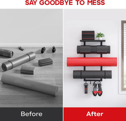 Wall Mount Yoga Mat Holder with Floating Shelf and Hooks for Gym Equipment Storage
