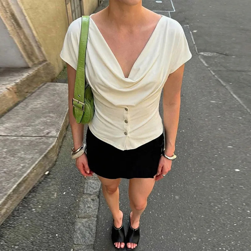Tuularose Women Summer Top Fashion Button-Front Patchwork V-Neck Pleated Fitted Top New Casual High-Street Party Female T-Shirts