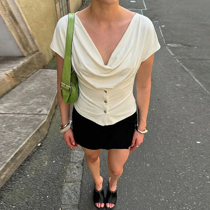 Tuularose Women Summer Top Fashion Button-Front Patchwork V-Neck Pleated Fitted Top New Casual High-Street Party Female T-Shirts