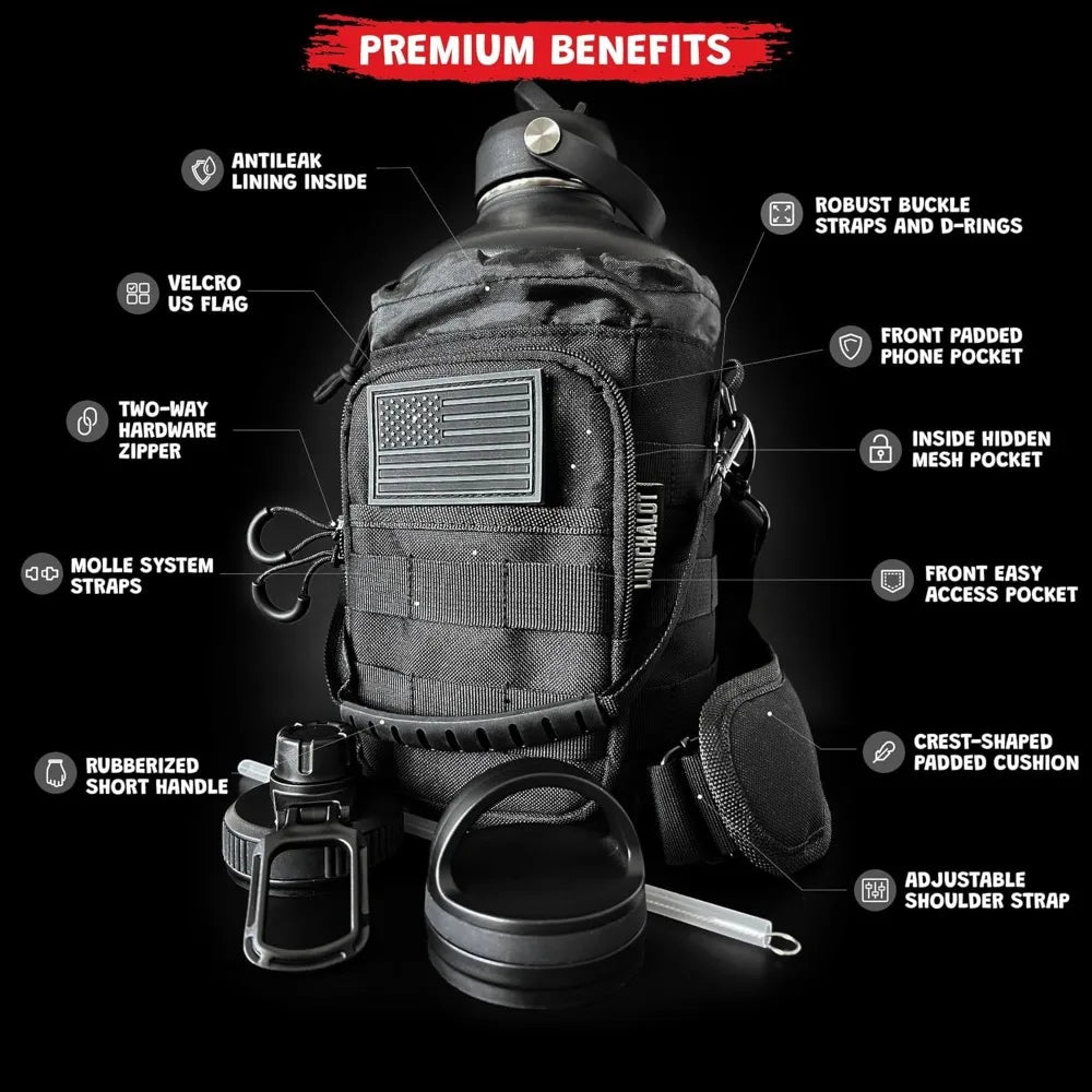 128 oz Water Bottle 1 Gallon Stainless Steel Insulated Jug with Carrier Bag, 3 Lids, Keeps Cold 24h Hot 12h, Black