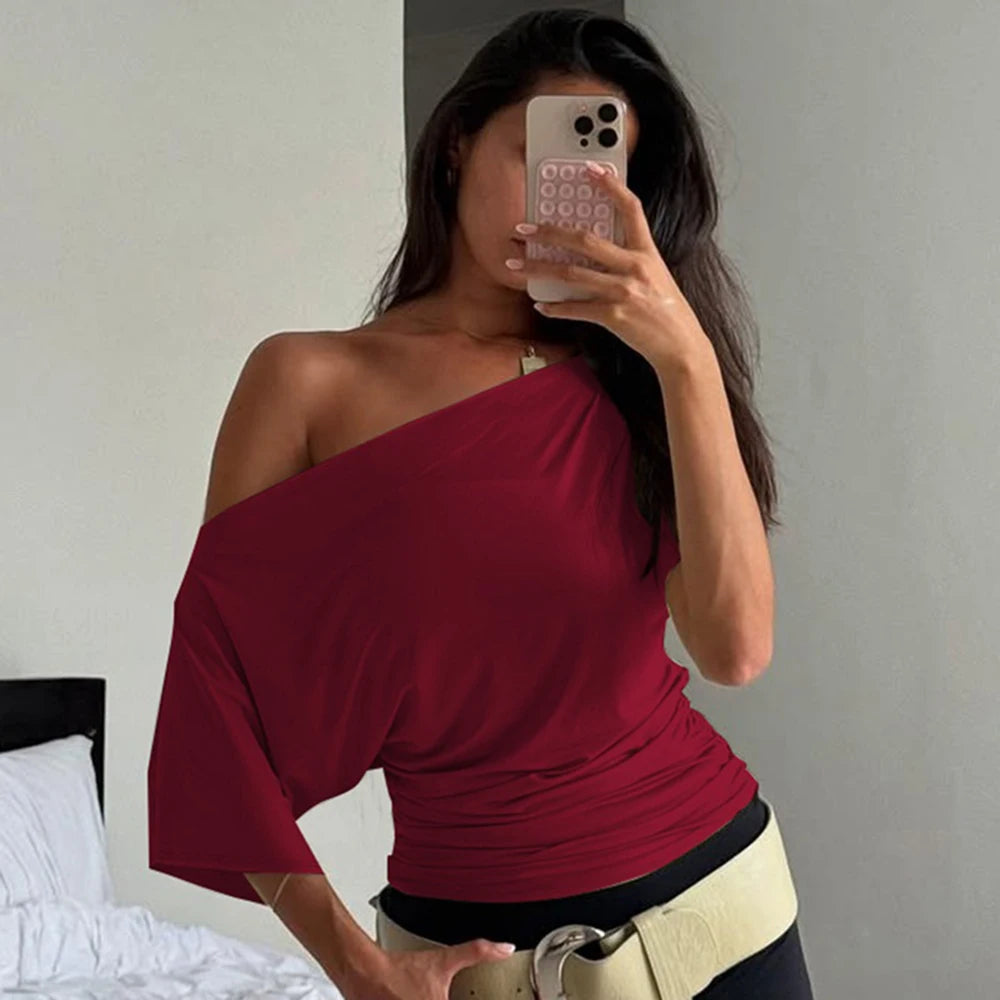 Talenza Summer One Shoulder Tops Fashion Slim Shrink Short Sleeve T-Shirts .