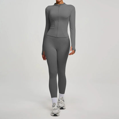 2Pcs Jacket Yoga Sets Women Long Sleeve Zipper Slim Sports Shirts Hip Lifting Leggings Fitness Running Workout Suits Tracksuit