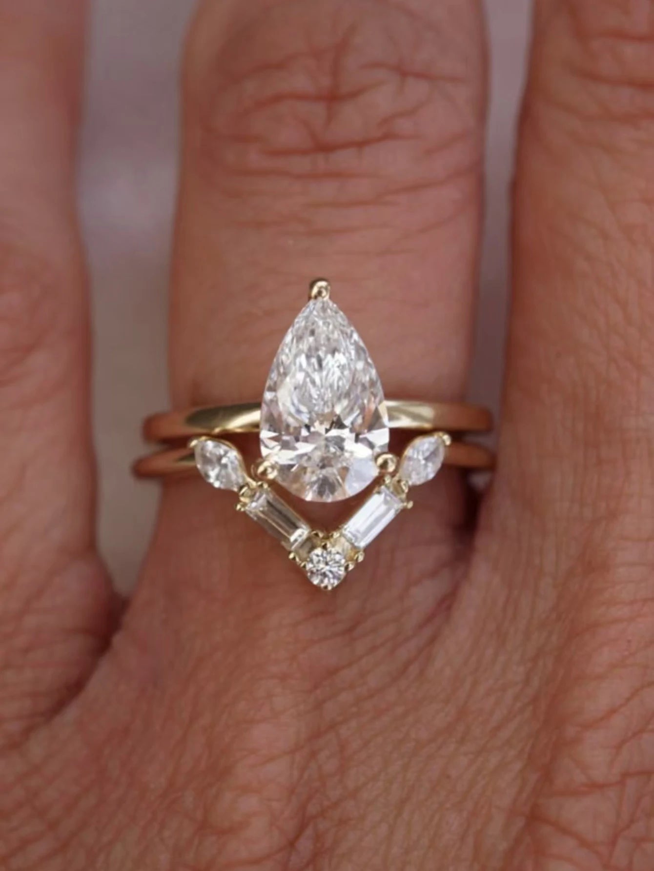 2PC S925 Sterling Silver Water Drop 4CT Moissanite Ring Set Fine Jewelry Gold Plated 18k