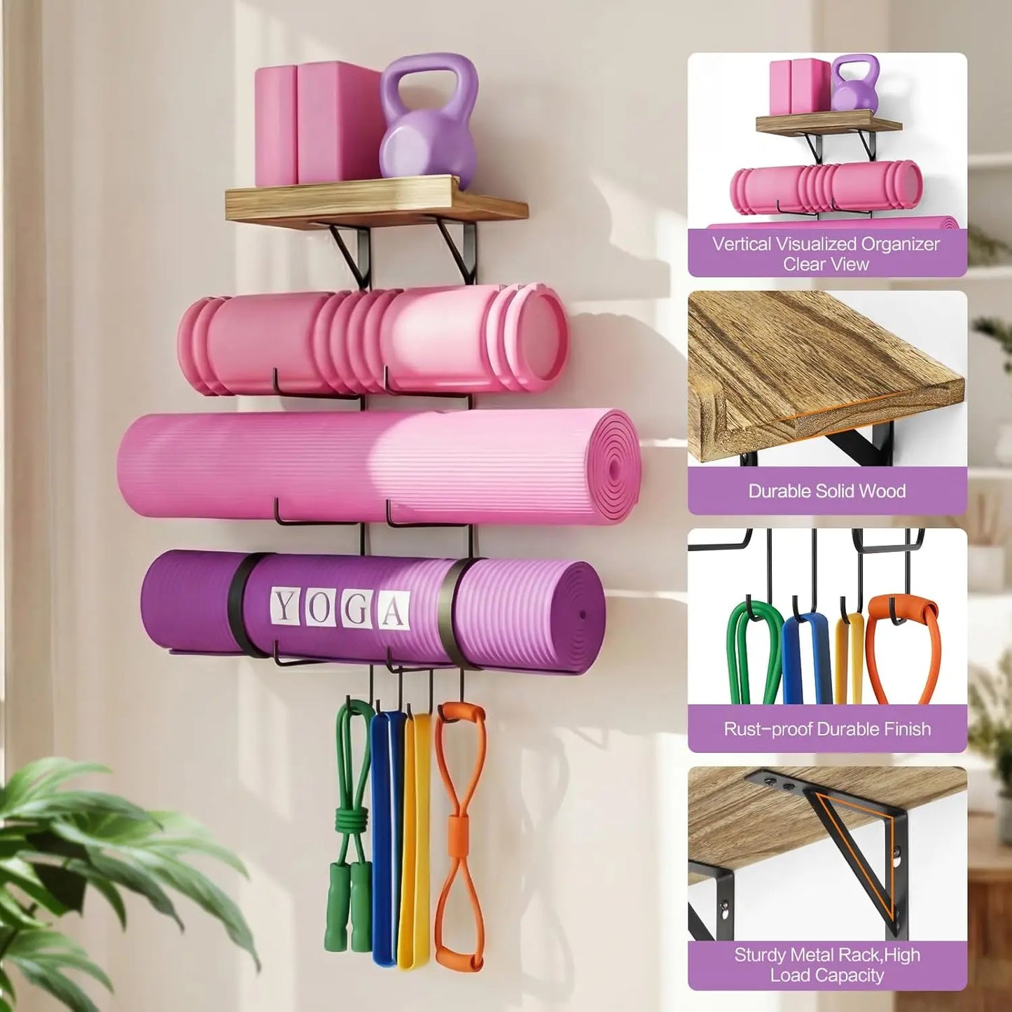 Wall Mount Yoga Mat Holder with Wood Shelves and 4 Hooks for Home Gym Storage in Carbonized Black