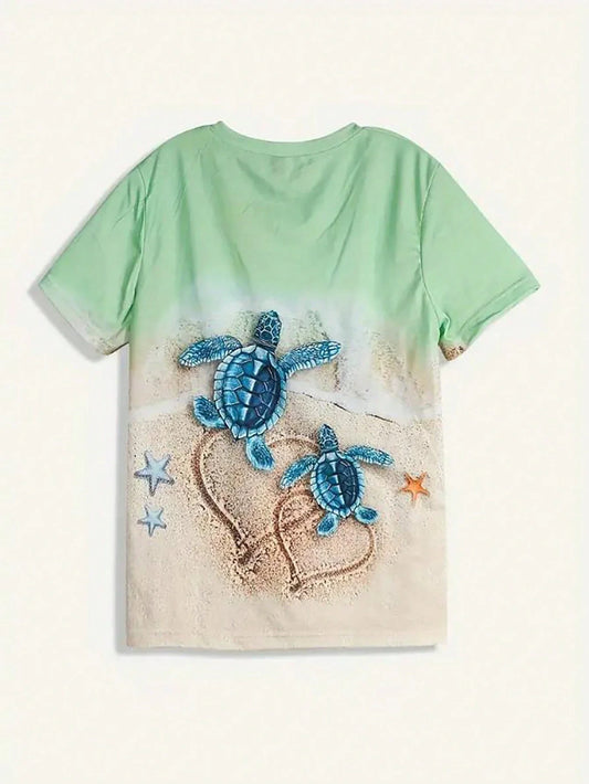 Women's Round Neck Short Sleeve Sea Turtle Print Casual Tee Spring Summer