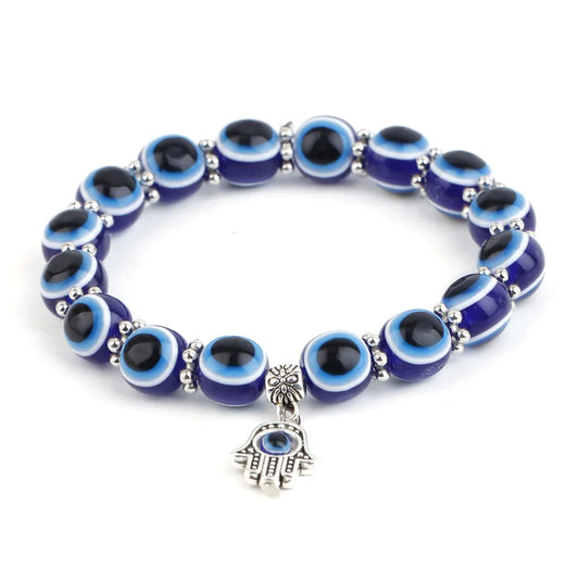 Boho Evil Eye Beaded Bracelet with Hamsa Hand Pendant - 8mm Blue Glass Beads, Stretchable Protection Bracelet for Daily Wear