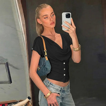 Tuularose Women Summer Top Fashion Button-Front Patchwork V-Neck Pleated Fitted Top New Casual High-Street Party Female T-Shirts