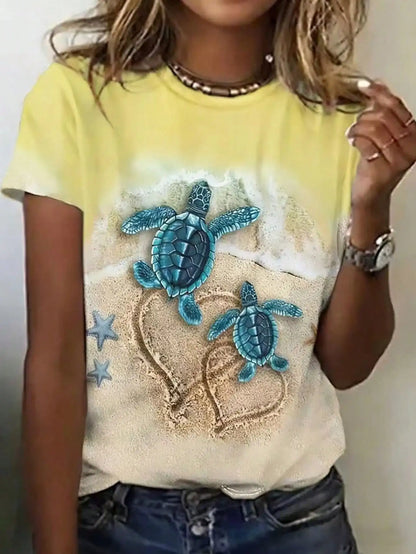 Women's Round Neck Short Sleeve Sea Turtle Print Casual Tee Spring Summer