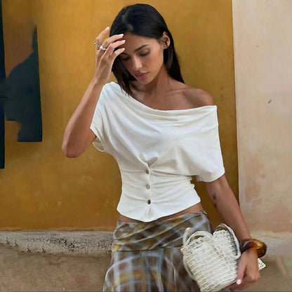 Tuularose Women Summer Top Fashion Button-Front Patchwork V-Neck Pleated Fitted Top New Casual High-Street Party Female T-Shirts