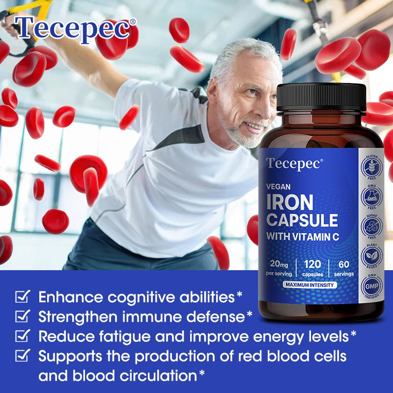 Iron Supplement with Vitamin C - Supports Energy Production, Immune Health, Oxygen Transport & Daily Wellness, Stomach-Friendly