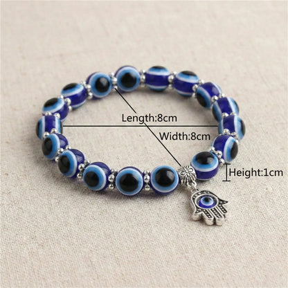 Boho Evil Eye Beaded Bracelet with Hamsa Hand Pendant - 8mm Blue Glass Beads, Stretchable Protection Bracelet for Daily Wear