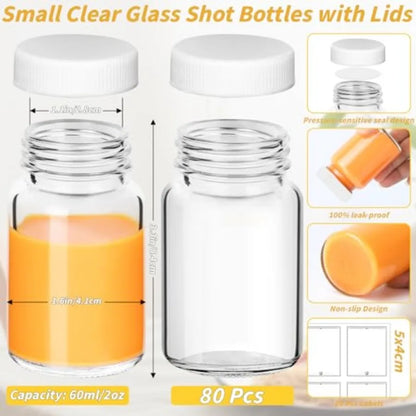 80 Pack 2 oz Glass Shot Bottles with Lids Small Clear Glass Jar for Ginger Shot Mini Juice Bottle Reusable Wide Mouth Travel Cu