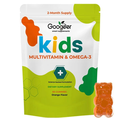Googeer Kids Multivitamin & Omega-3 Gummies, Vitamin C D3 B6 B12 Zinc Fish Oil, Orange Flavor, 60 Count, Daily Nutrition Support