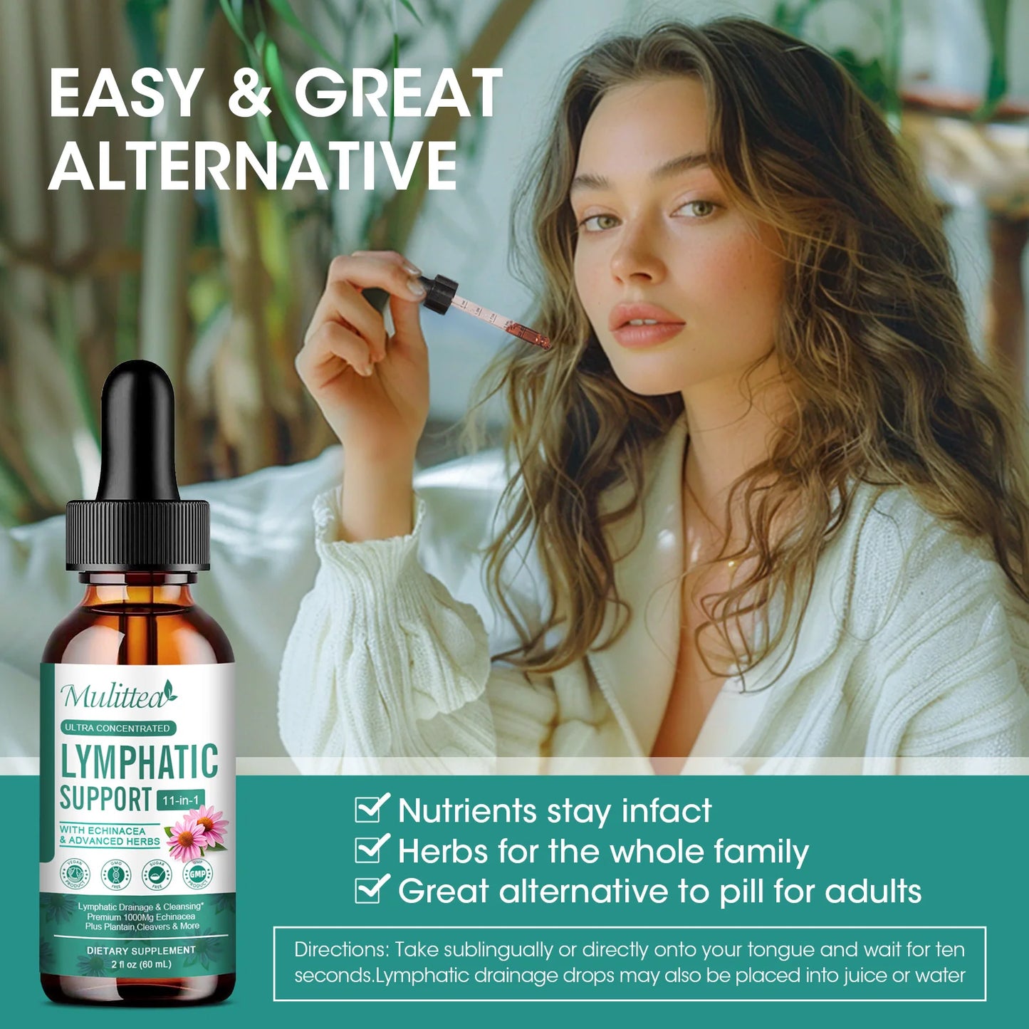 Mulittea lymph drops support the lymphatic system with echinacea detoxification and cleansing Immune support