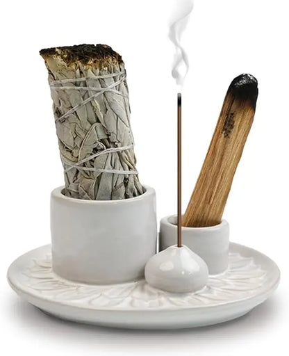 4 in 1 Incense Burner Holder,Sage Holder for Burning,Palo Santo Holder,Candle Holder,Ceramic Incense Burner Ash Catcher Tray for