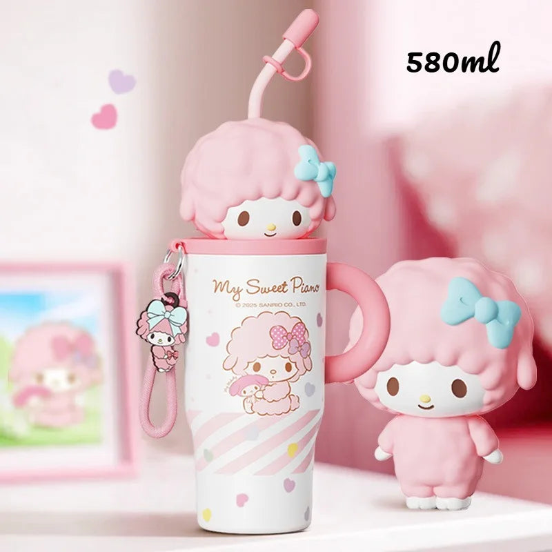X&W 580ML Sanrio Series Thermos 316 Stainless Steel Doll Head Design Straw Insulated Cup Hello Kitty Kuromi Water Bottle Cutecup