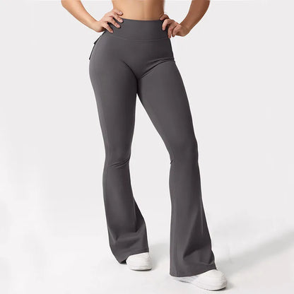 Women's Yoga Flare Trousers, High-Waisted Tummy-Control Wide-Leg  Outdoor Casual Leggings with Pockets, Gym Workout