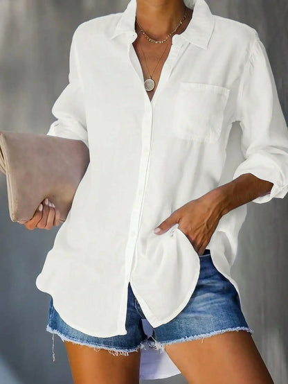 Women's Cotton-Linen Shirt — Casual, Everyday, Solid Color Basic Style — Long Sleeve, Collared, Button-Down Top (White) — Spring