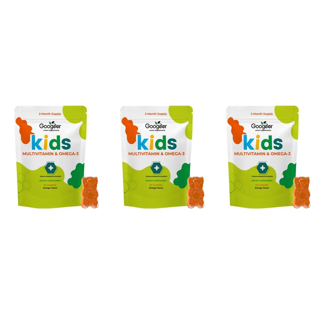 Googeer Kids Multivitamin & Omega-3 Gummies, Vitamin C D3 B6 B12 Zinc Fish Oil, Orange Flavor, 60 Count, Daily Nutrition Support