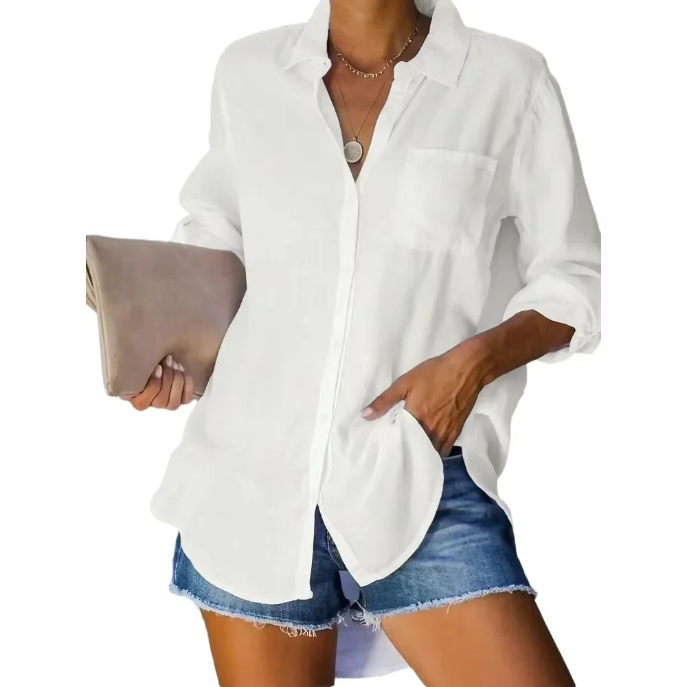 Women's Cotton-Linen Shirt — Casual, Everyday, Solid Color Basic Style — Long Sleeve, Collared, Button-Down Top (White) — Spring
