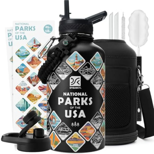 National Parks Water Bottle Insulated Stainless Steel Bottle with 63 Hand-Drawn Park Stickers Carrier Bag Strap and Gift Box BP