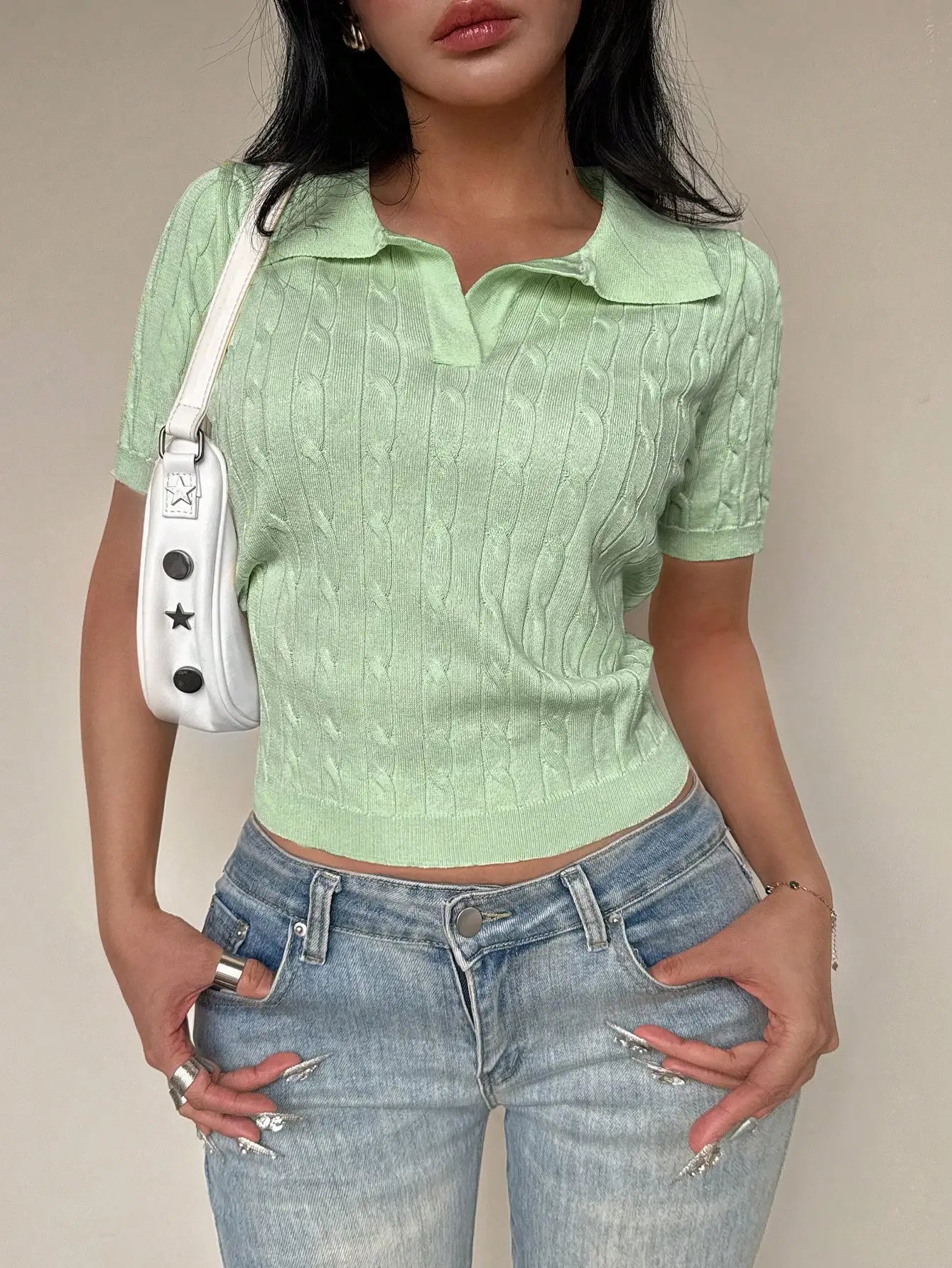 Women's Casual Short Sleeve Polo Collar Cable Knit Top Solid Green Summer