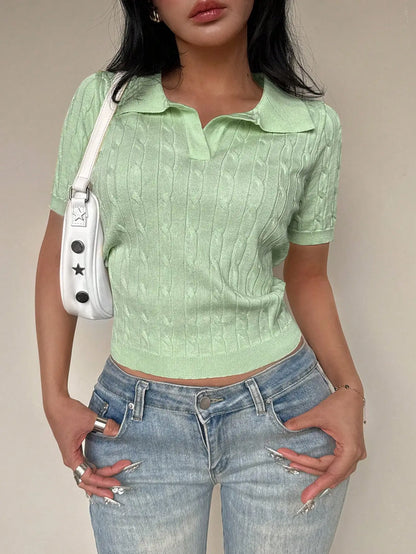 Women's Casual Short Sleeve Polo Collar Cable Knit Top Solid Green Summer