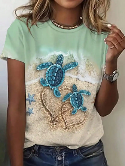 Women's Round Neck Short Sleeve Sea Turtle Print Casual Tee Spring Summer