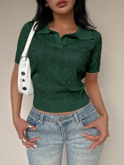 Women's Casual Short Sleeve Polo Collar Cable Knit Top Solid Green Summer